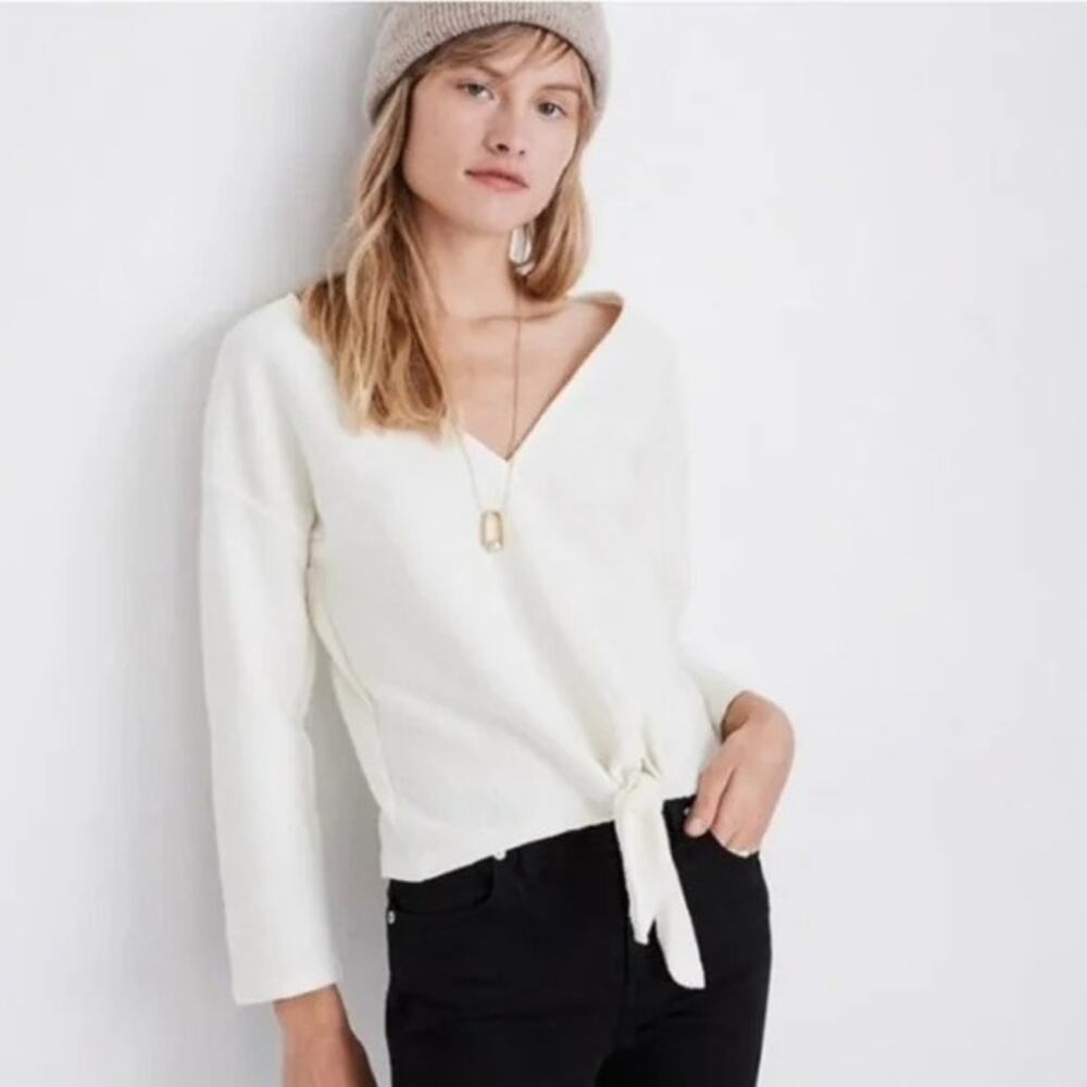 MADEWELL White Ribbed Long-Sleeve Crop Top Tie Front Size Med Texture & Thread